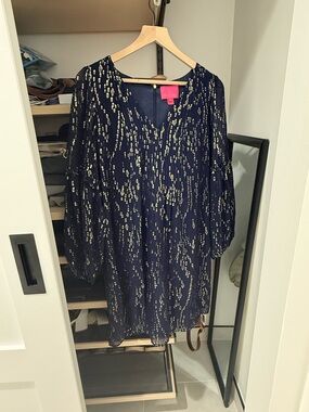 Lilly Pulitzer Cleme Long Sleeve Silk Navy Dress with Gold Metallic Print